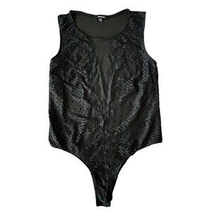 Womens Black Plus size  Bodysuit with Sheer back and snap closure
